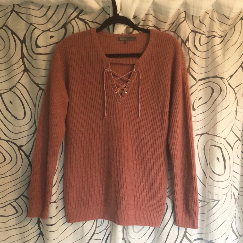 Mauve sweater with cute velour “V” lacing detail